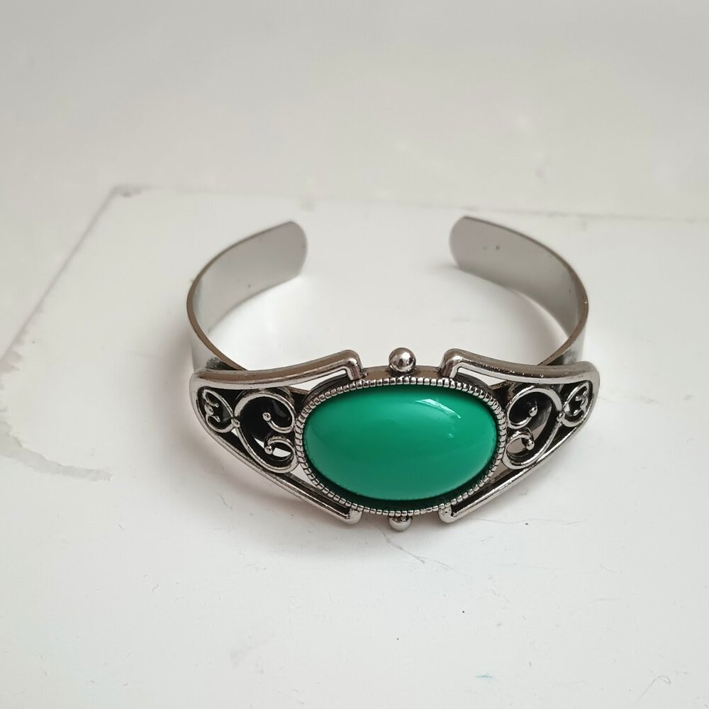 Simulated Turquoise Cuff Bracelet 7 Silver Tone Open Work Boho Jewelry